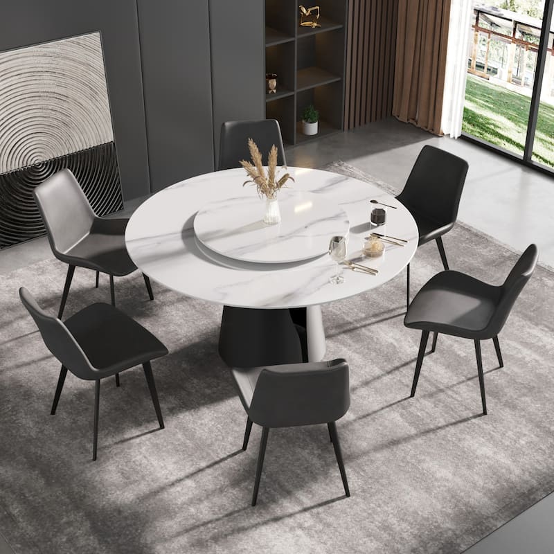 59'' Round Marble Dining Table with Solid Wood Pedestal
