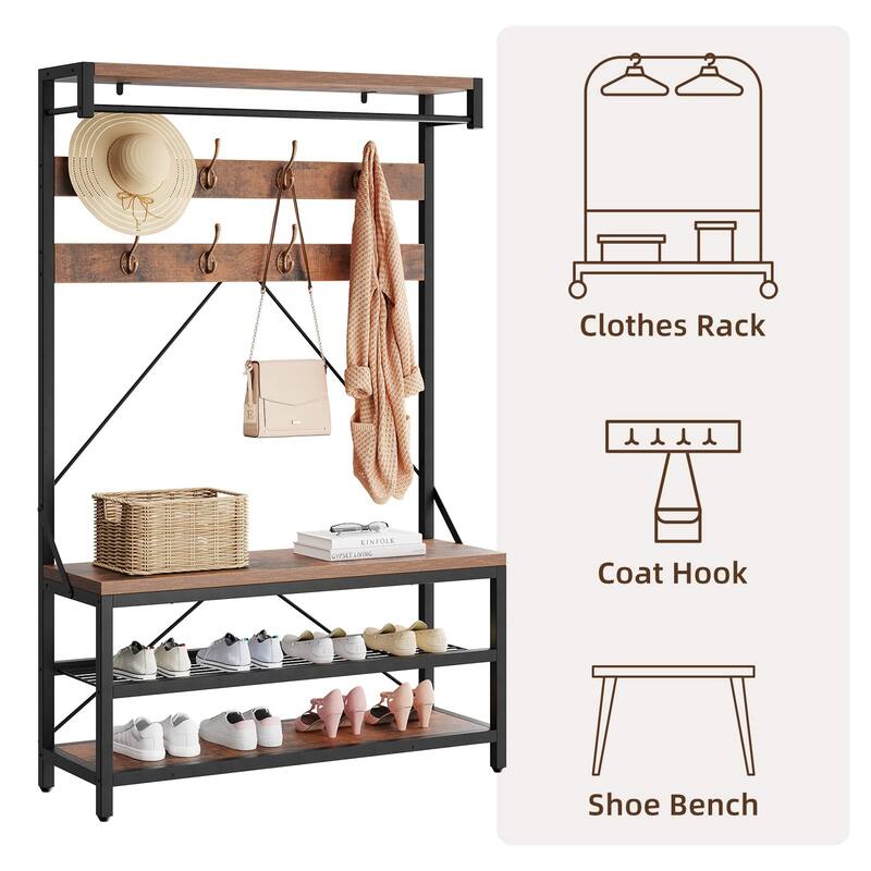 Industrial Brown Entryway Coat Rack with Shoe Bench 3-in-1 Functional Hall Tree - 15.74"D x 39.97"W x 72"H