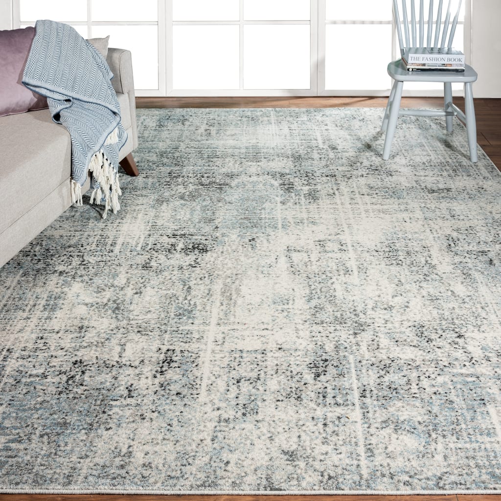 Theory Distressed Dusty Blues / Greys Abstract Area Rug