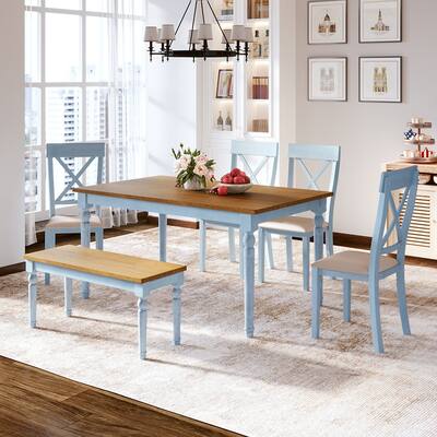6-Piece Dining Table set with Bench, Wooden Kitchen Table Set