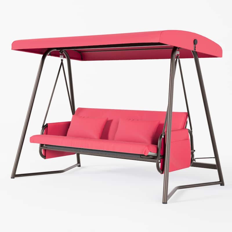 Outdoor Patio Swing Chair with Converts to Bed, Includes Weatherproof Canopy and Thick Cushion (Seats 3 Adults)