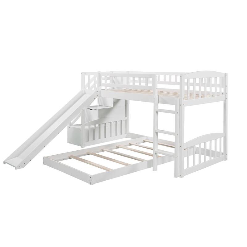 Twin over Twin Bunk Bed with Storage Stairs and Slides, Low Profile Platform Bed, Daybed and Floor Bed Set, No Box Spring Need