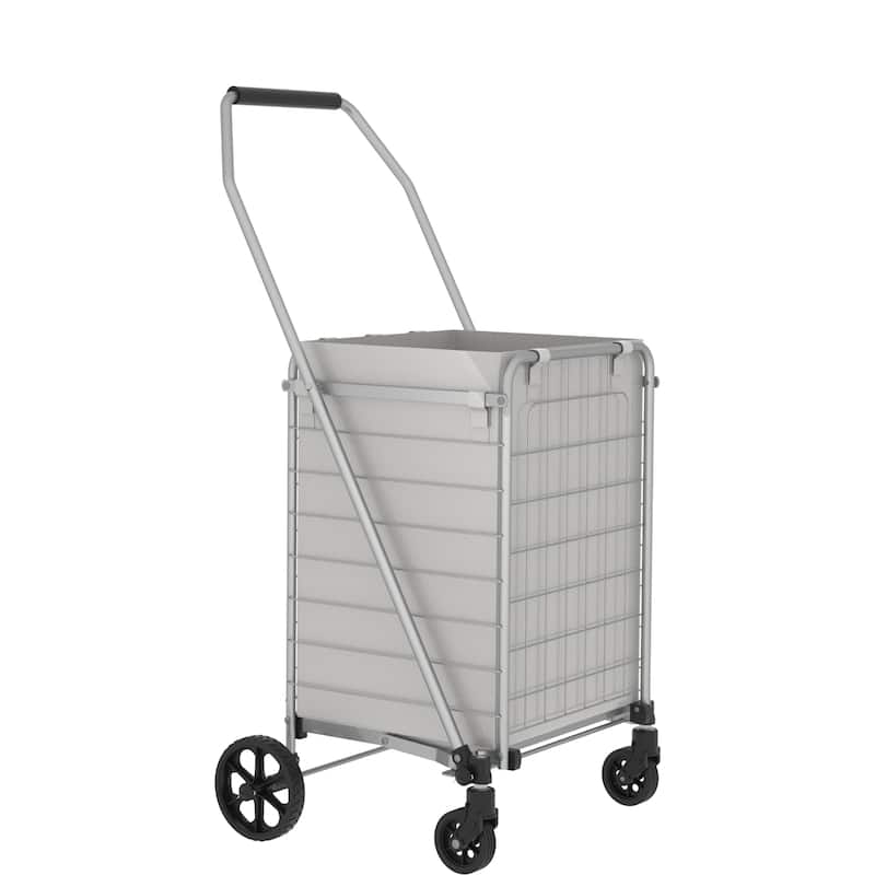 Foldable Grocery Shopping Cart with Shelf & Double Basket and 360 Rolling Swivel Wheels