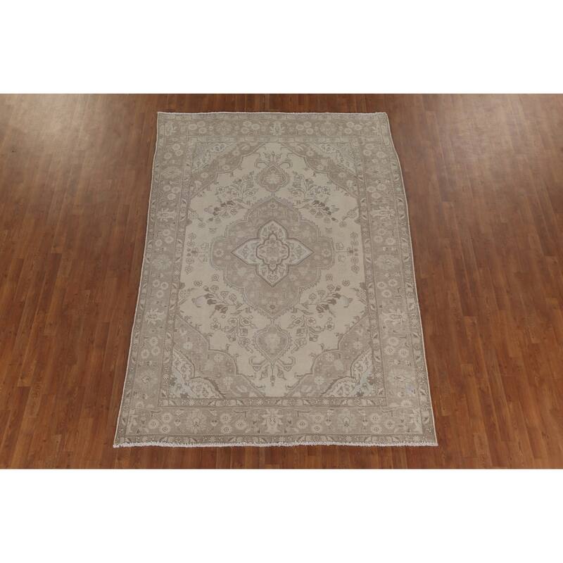 Distressed Beige Tabriz Persian Vintage Rug Hand-Knotted Wool Carpet - 6'4"x 9'3"