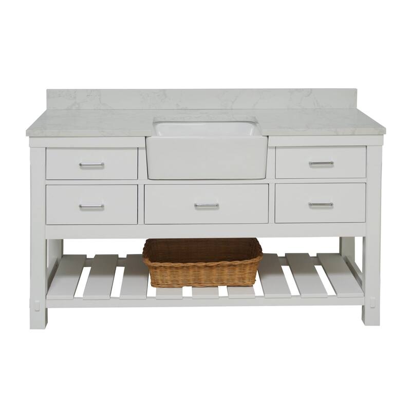KitchenBathCollection Charlotte 60" Single Farmhouse Bathroom Vanity with Engineered Carrara Top