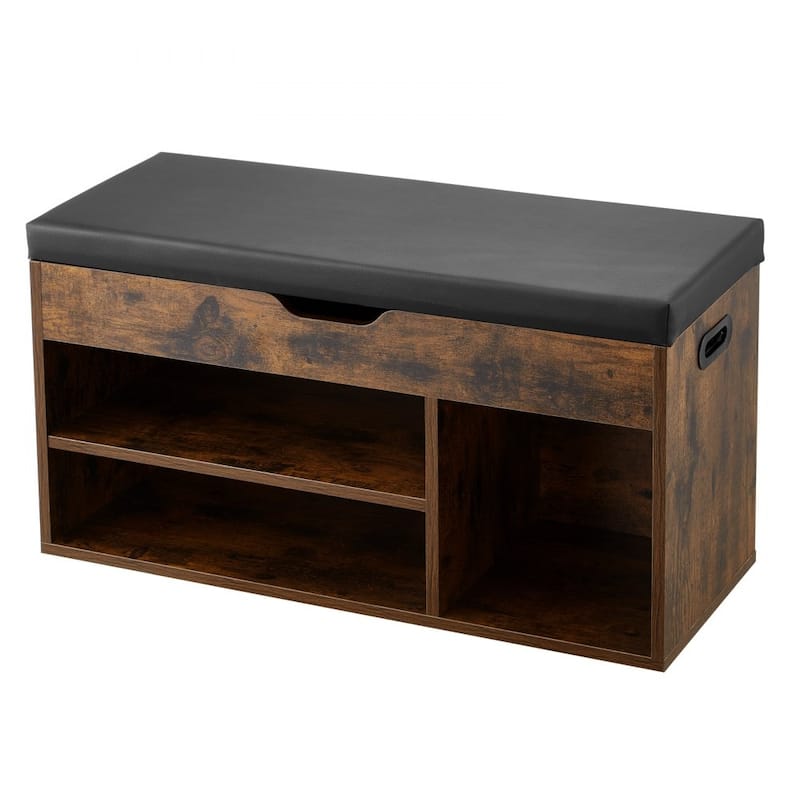 Brown Entryway Shoe Storage Bench with Cushion Seat and Hidden Compartment for Boots and Slippers - 31.7 x 12.0 x 17.5 Inch