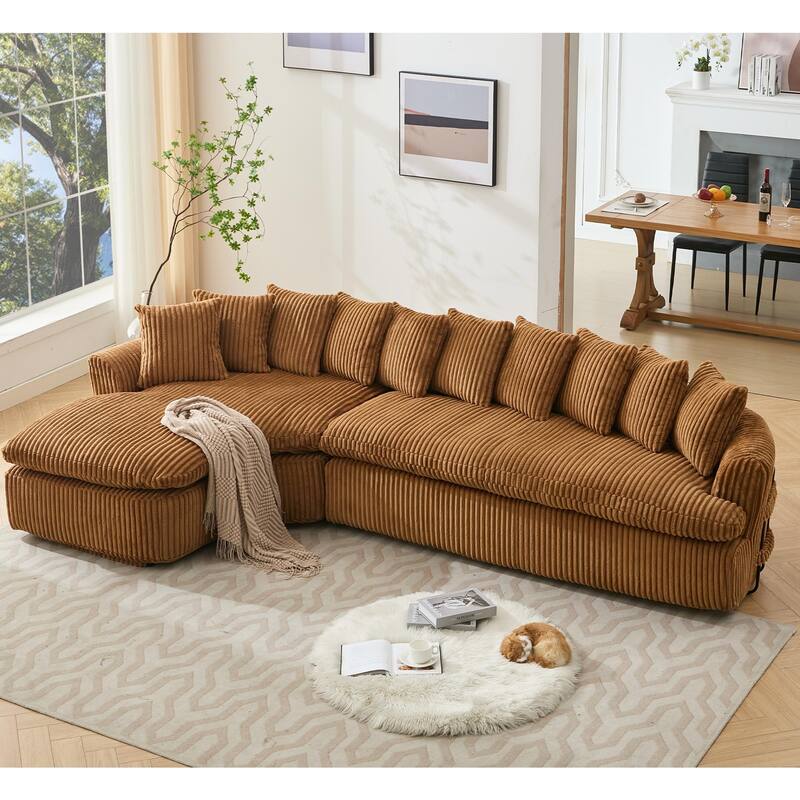 127" Corduroy L-Shaped Sectional Sofa with 10 Back Cushions