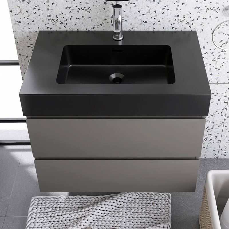 Floating Bathroom Vanity with Black Solid Surface Top