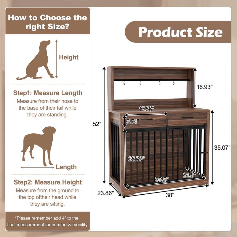 43.3" Dog Crate Furniture with 3 Drawers Indoor Wooden Dog Kennel, 2 Door Dog Cage End Table with Portable Feeder
