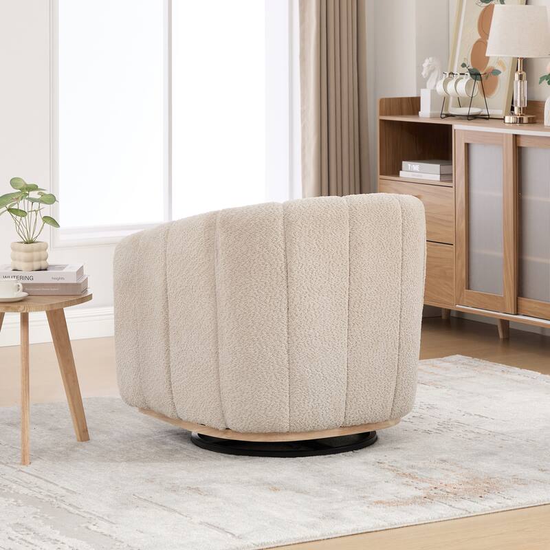 Chenille Upholstered Swivel Barrel Chair, Tufted Pumpkin-Shape Club Armchair, Lounge Reading Chair with Metal Base