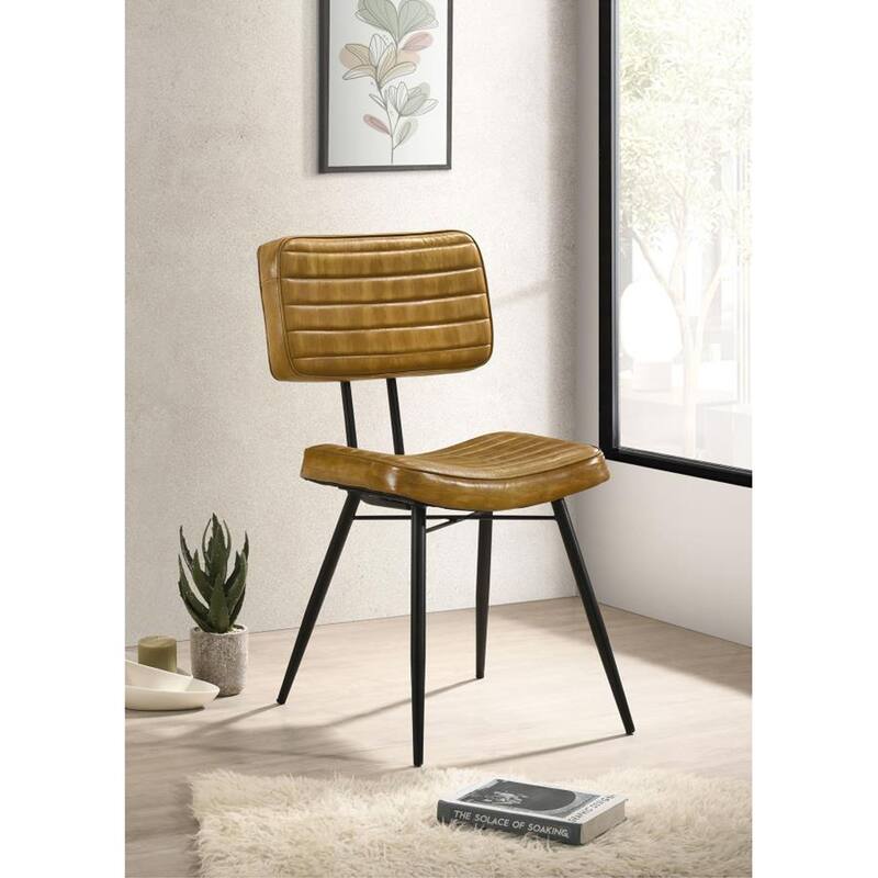 Set of 2 Leather Upholstered Side Chairs, Camel and Black