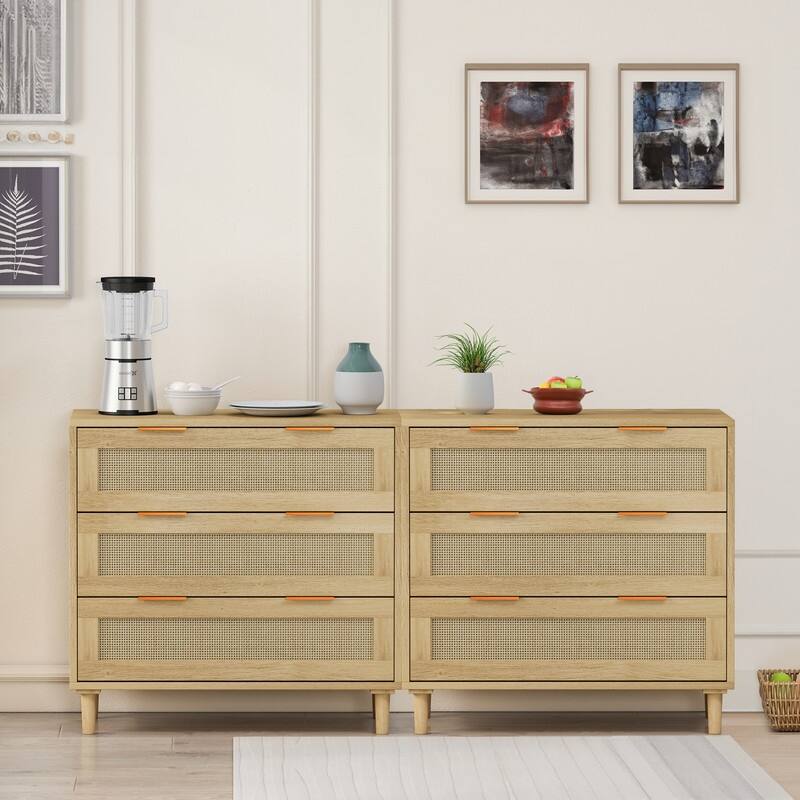 Rattan Storage Cabinet Rattan 3-Drawers Dresser (Set of 2)