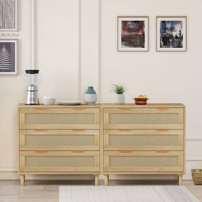 Rattan Storage Cabinet Rattan 3-Drawers Dresser (Set of 2)