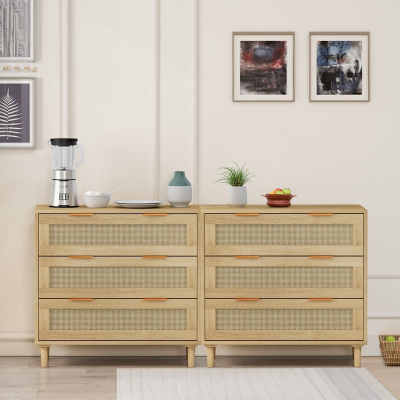 Rattan Storage Cabinet Rattan 3-Drawers Dresser (Set of 2)
