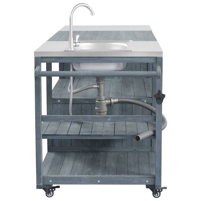 75.4 Inch Outdoor Grill Cart with Sink Solid Wood Rolling Bar Cart for XL Grills