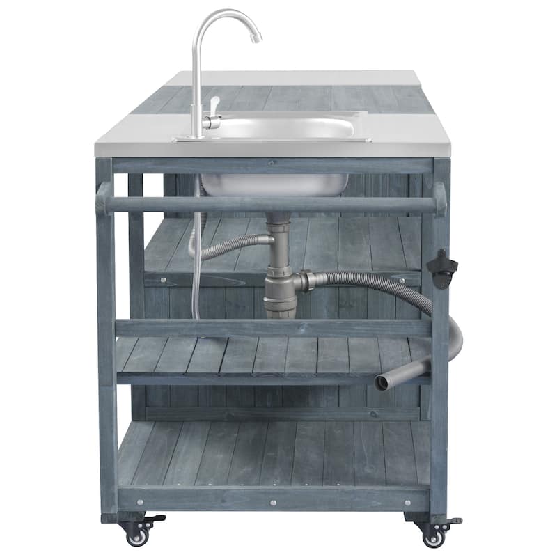 Kitchen Island with Sink, Grill Cart for Big Green Egg Grills, Rolling Bar Cart with Stainless Steel Top for Pizza Prep and BBQ