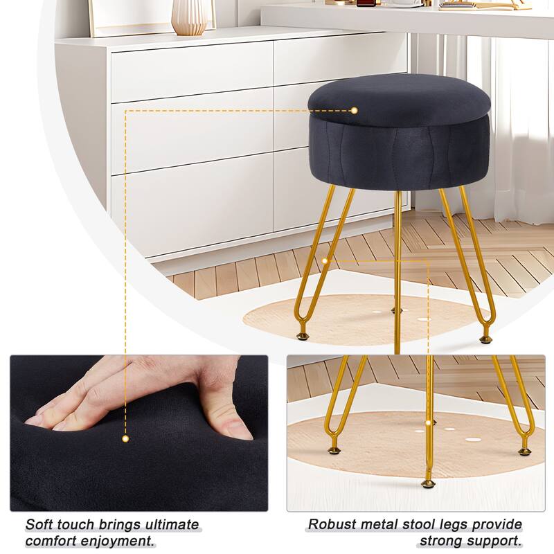 VECELO Multi-Functional Velvet Vanity Stool Chairs 18.5"H Tufted Small Stools with Metal Legs Modern Storage Footstool Ottomans