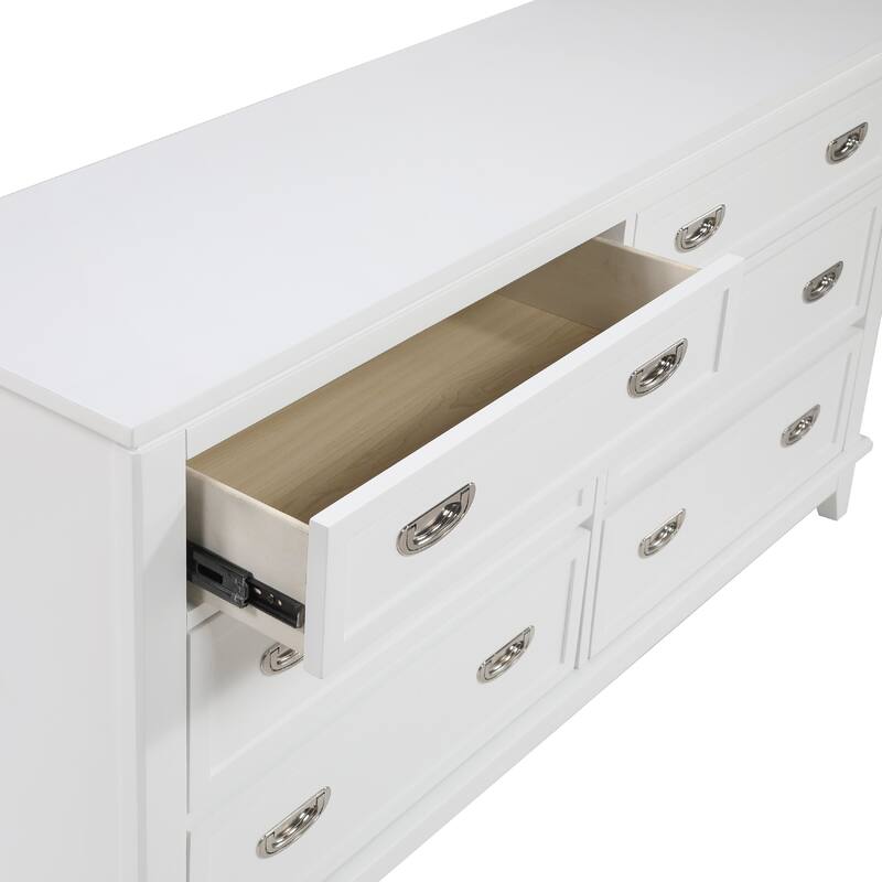 Sely Dresser, 55 Inch, 6 Drawers, White Wood, Nickel Ring Handles