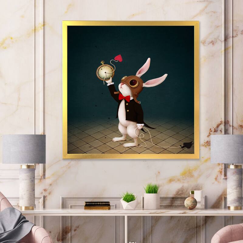 Designart "White Rabbit Alice In Wonderland I" Children's Art Framed Art Print - 30 In. Wide x 30 In. High - Gold