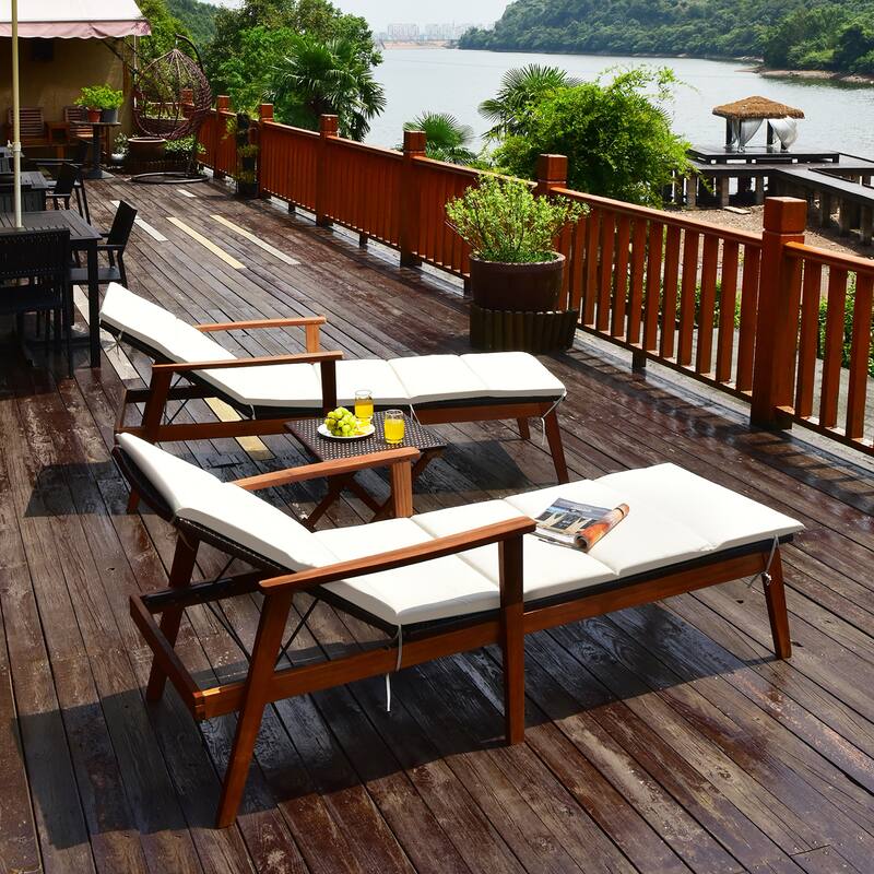 Costway 3PCS Patio Rattan Lounge Chair Folding Table Set Chaise Wood