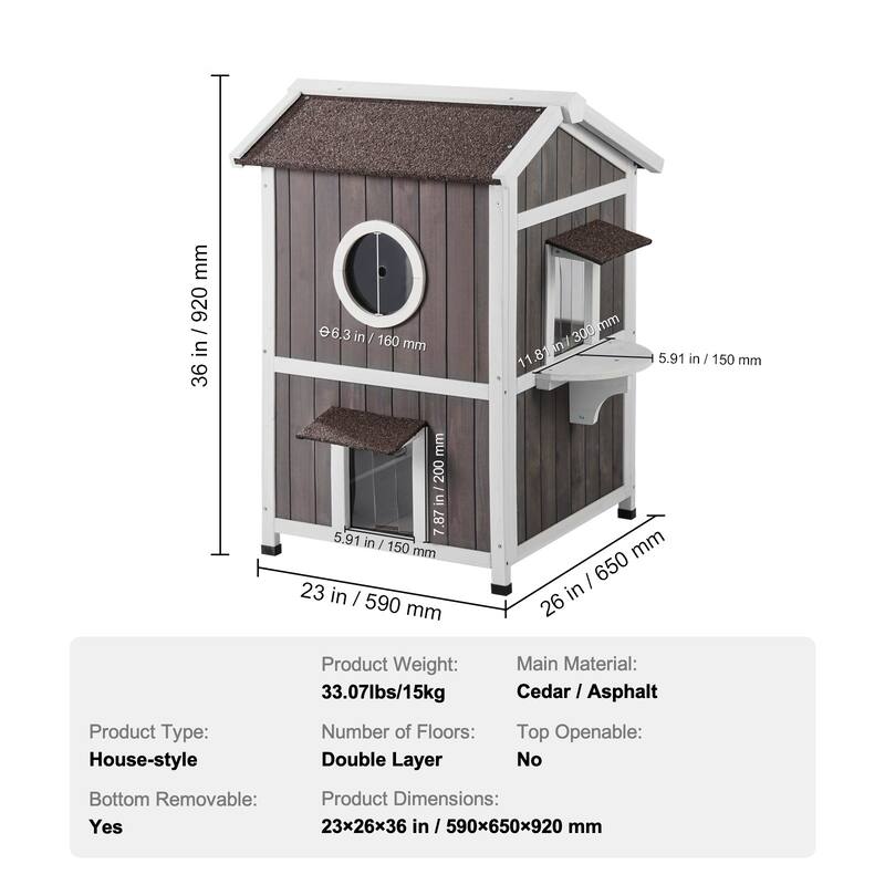 Grey Wooden Double Layer Outdoor Cat House with Asphalt Roof and Flaps Door - 23” x 26” x 36”