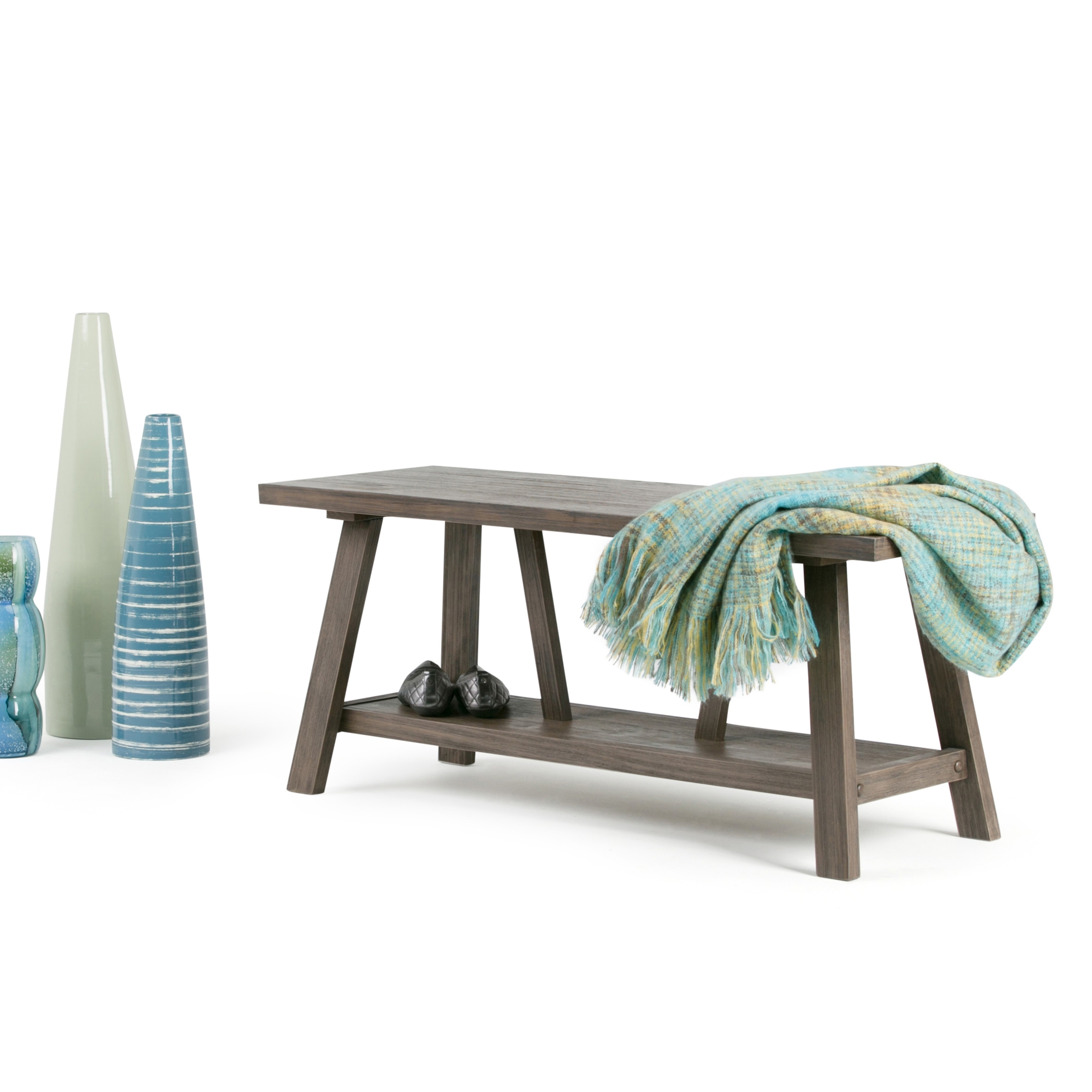 WYNDENHALL Stewart SOLID WOOD 48 inch Wide Industrial Entryway Bench in Driftwood - 48 W x 17 D x 20 H
