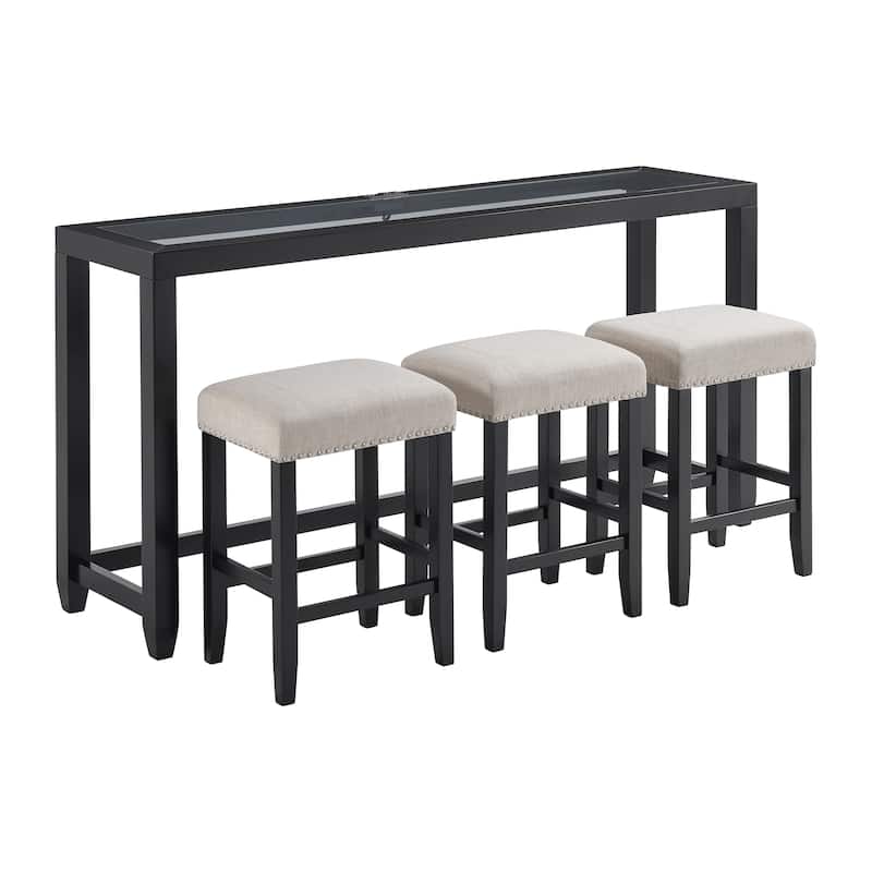 Cordero Wood Glass Top 72-Inch Wide Counter Height Console Bar Table and 3 Stools Set