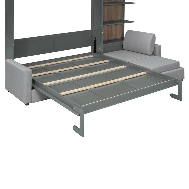 Queen Size Wall Bed with Sofa and Shelves, Gray