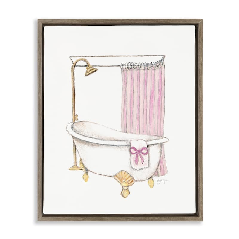 Stupell Simple Bathtub with Bow Framed Floater Canvas Wall Art Design By Janet Tava - 17 x 21 - Brown