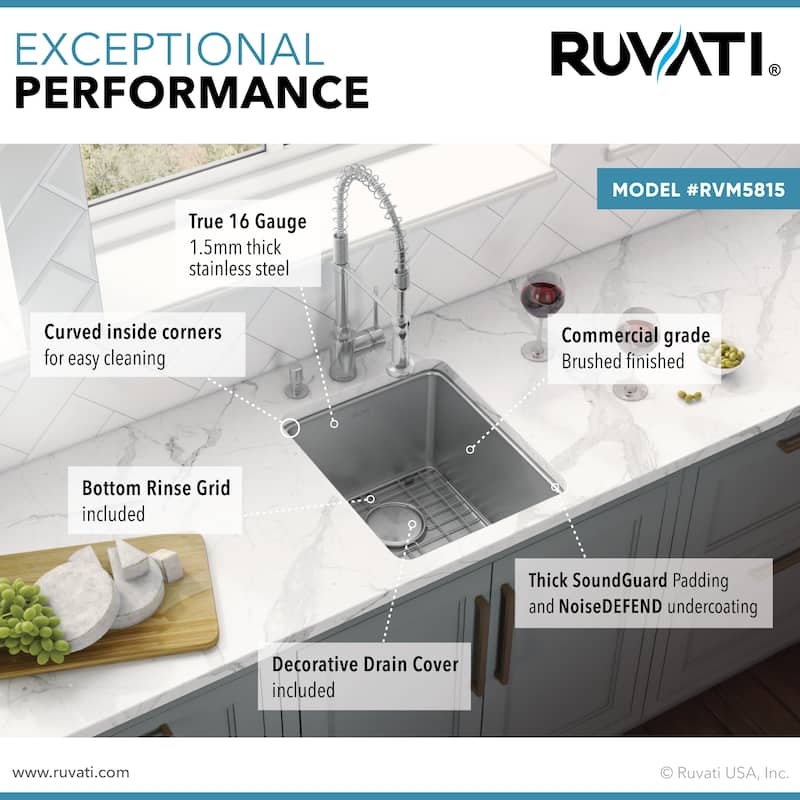 Ruvati 15-inch Undermount Bar Prep Kitchen Sink 16 Gauge Stainless Steel Single Bowl - RVM5815 - 15" X 18"