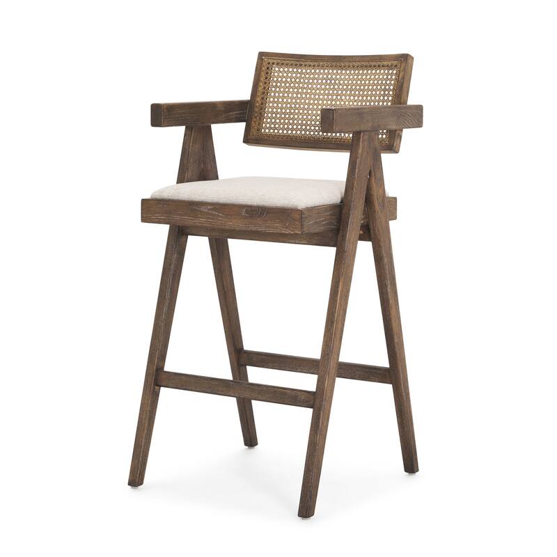 HomeRoots 30" Off White and Brown Fabric and Solid Wood Low Back Bar Height Bar Chair