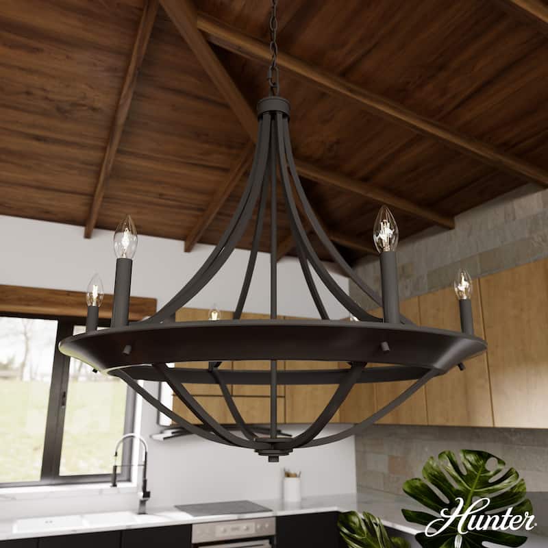 Hunter Perch Point Chandelier, Wheel, Candle, Dining Room, Entry, Modern Rustic, Industrial - 30" 6 Light - Noble Bronze