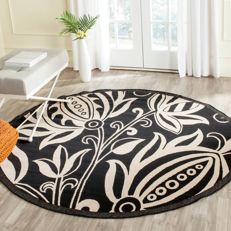 SAFAVIEH Courtyard Leatrice Indoor/ Outdoor Patio Backyard Rug - 7'10" x 7'10" Round - Black/Sand
