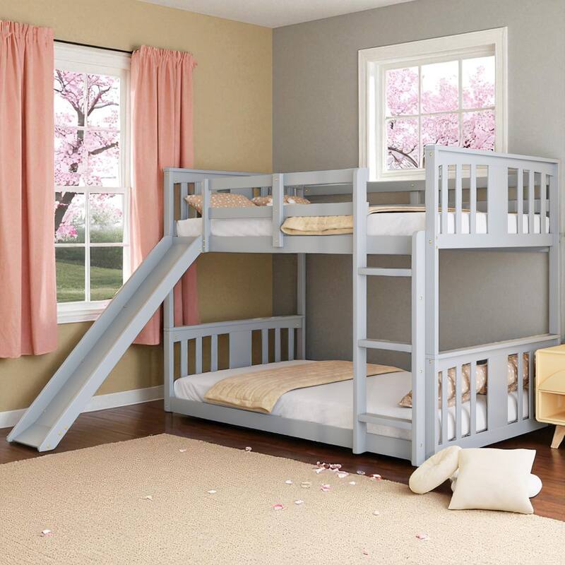 Twin Over Twin Wooden Bunk Bed with Slide and Ladder, Solid Pine Frame, Guardrails, No Box Spring Needed