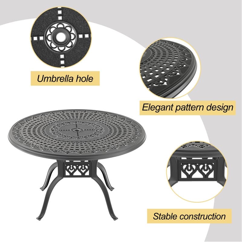 5-Piece Cast Aluminum Outdoor Dining Set with 47.24 in. Round Table and Blue Seat Cushions