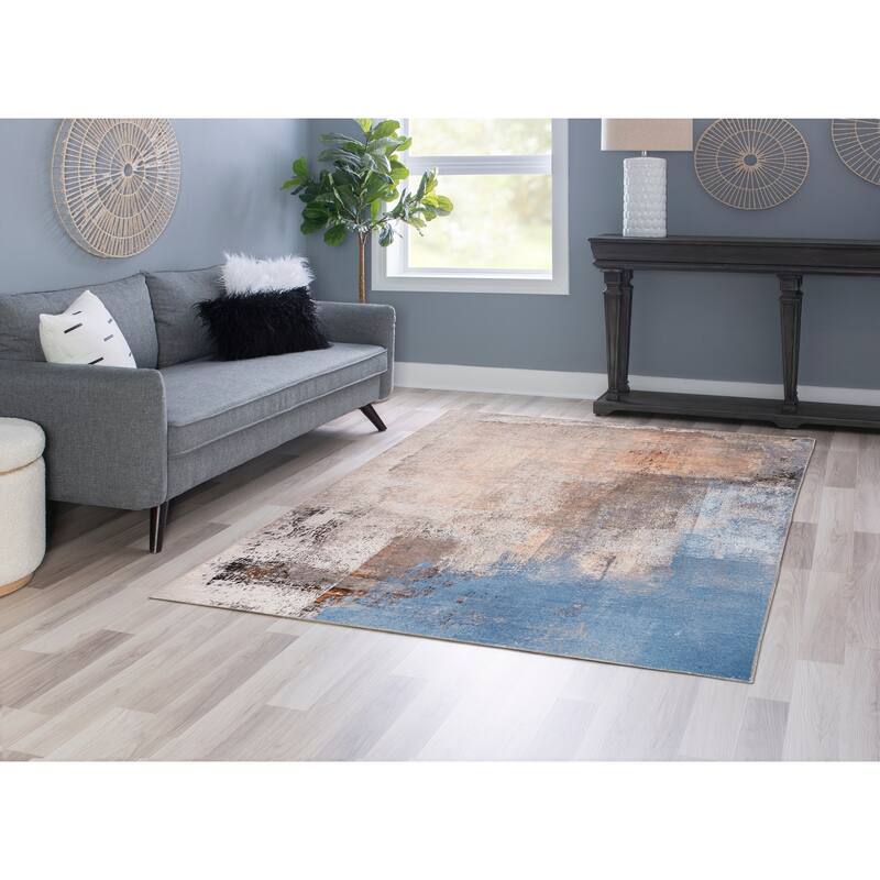 Kyler Machine Washable Beige and Blue Watercolor Area Rug