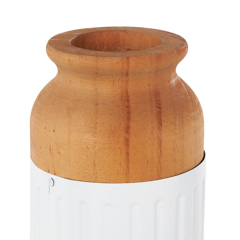 Metal Color Block Decorative Vase with Rounded Linear Grooves and Brown Wood Tops - Set of 2 White - Roche River Decor