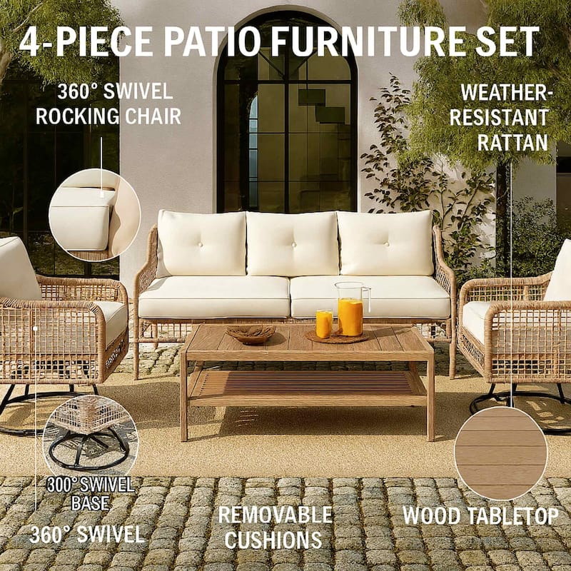 Modern All-Weather PE Wicker 5-Piece Sectional Patio Set with 360° Swivel Chairs