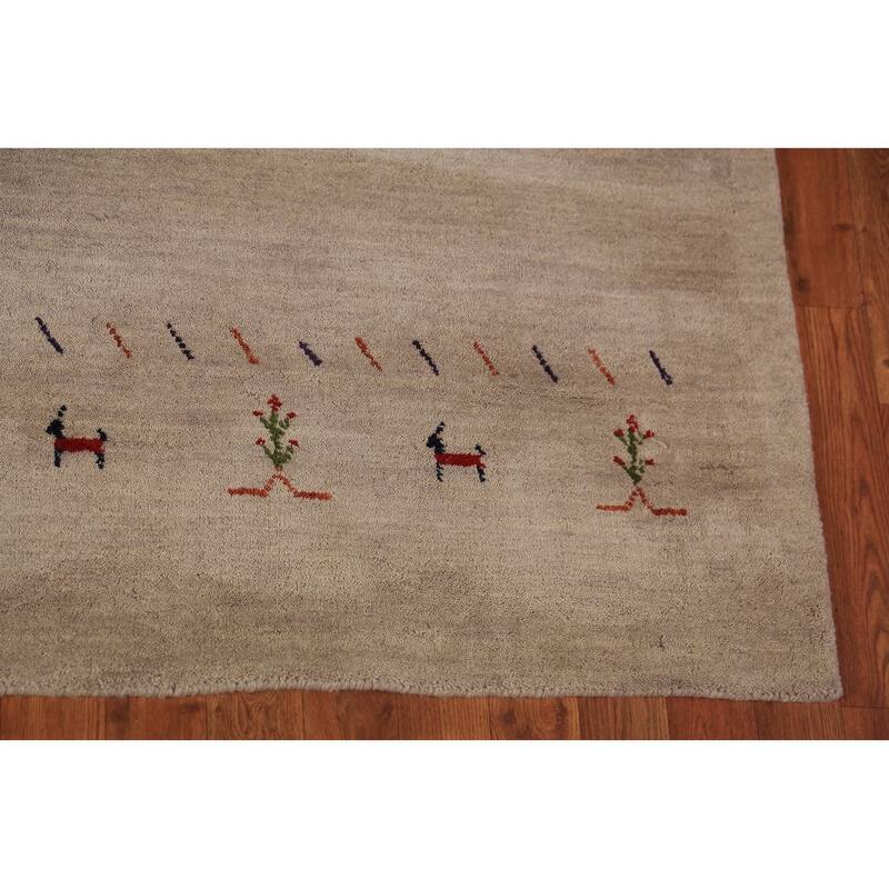 Tribal Gabbeh Oriental Rug Hand-Knotted Beige Modern Wool Carpet - 5'7" x 7'11"
