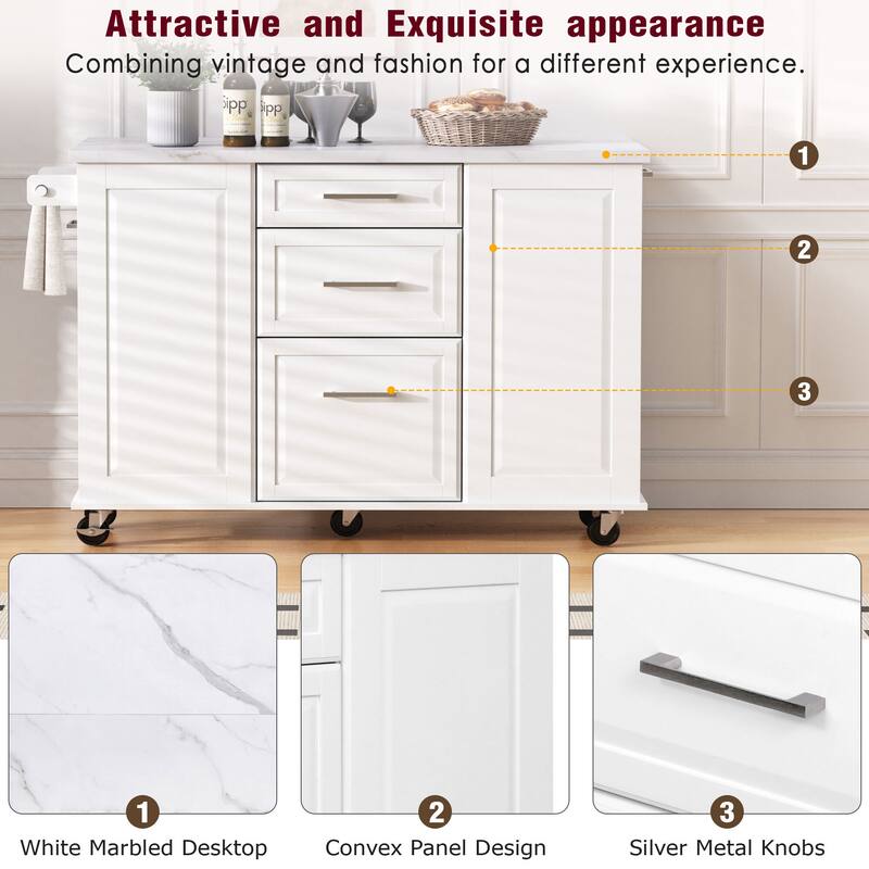 50.7" Kitchen Island with Drop Leaf, Pull Out Cabinet Organizer, Rolling Wheels, Trash Bin and 2 Drawers