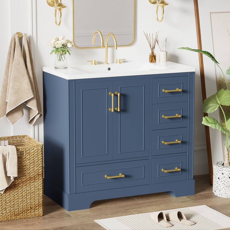 36 inch Solid Wood Traditional Bathroom Vanity with Ceramic Sink and Four Drawers