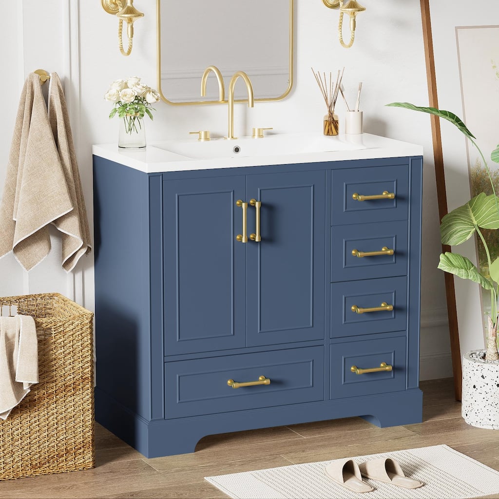 36 inch Solid Wood Traditional Bathroom Vanity with Ceramic Sink and Four Drawers