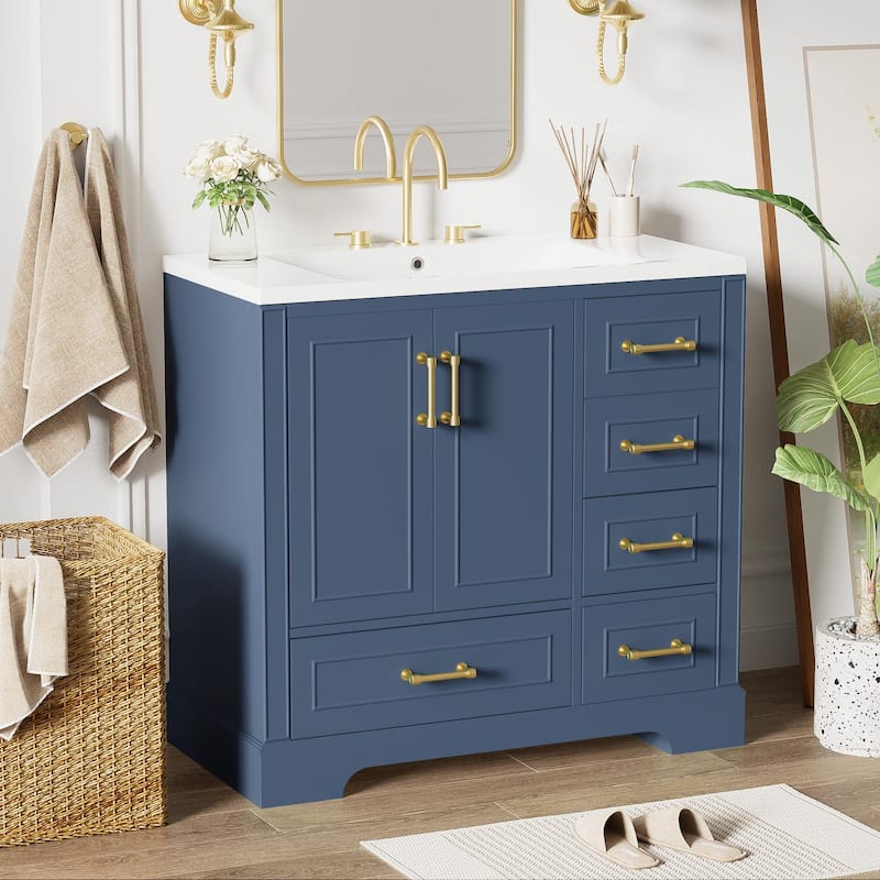 Traditional Bathroom Vanity with Resin Sink, 2 Doors and 4 Drawers