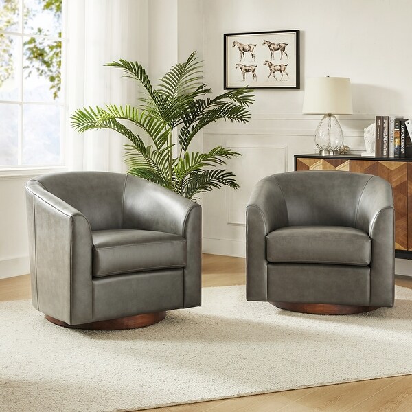 Haley Modern Swivel Barrel Faux Leather Chair with Solid Wood Base Set of 2 by HULALA HOME On Sale Bed Bath Beyond 39700148