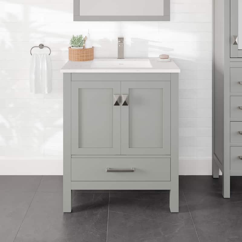 Eviva London 30"W Bath Vanity with Carrara Quartz Top & Porcelain Sink