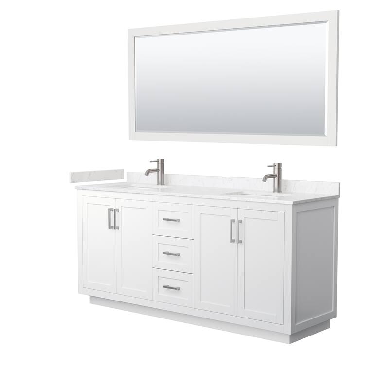 Miranda Double Vanity Set, Cultured Marble Top, 70-Inch Mirror - 72-Inch Double - White, Nickel Trim, Carrara Cultured Marble Top