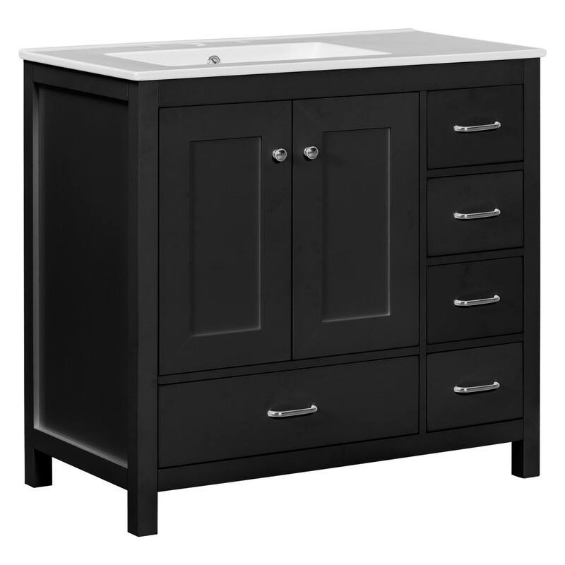 36'' Bathroom Vanity with Ceramic Sink Combo, Modern Bathroom Vanity Cabinet with 2 Soft Close Doors and 5 Storage Drawers