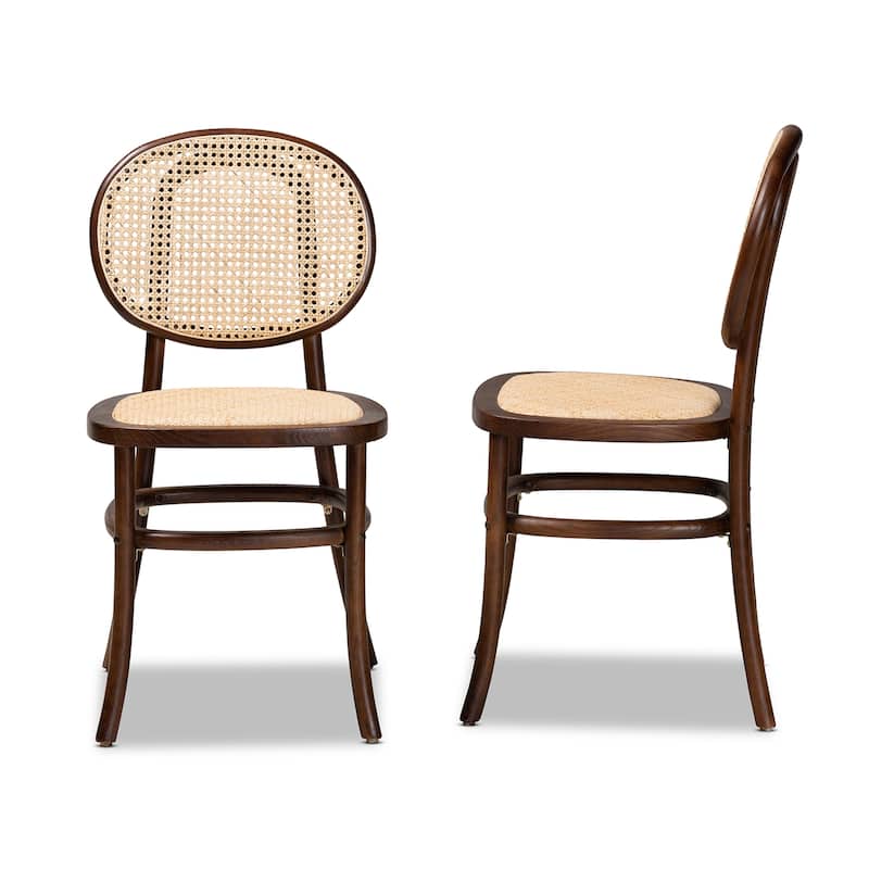Garold Mid-Century Modern Woven Rattan and Wood Dining Chair Set(2PC)