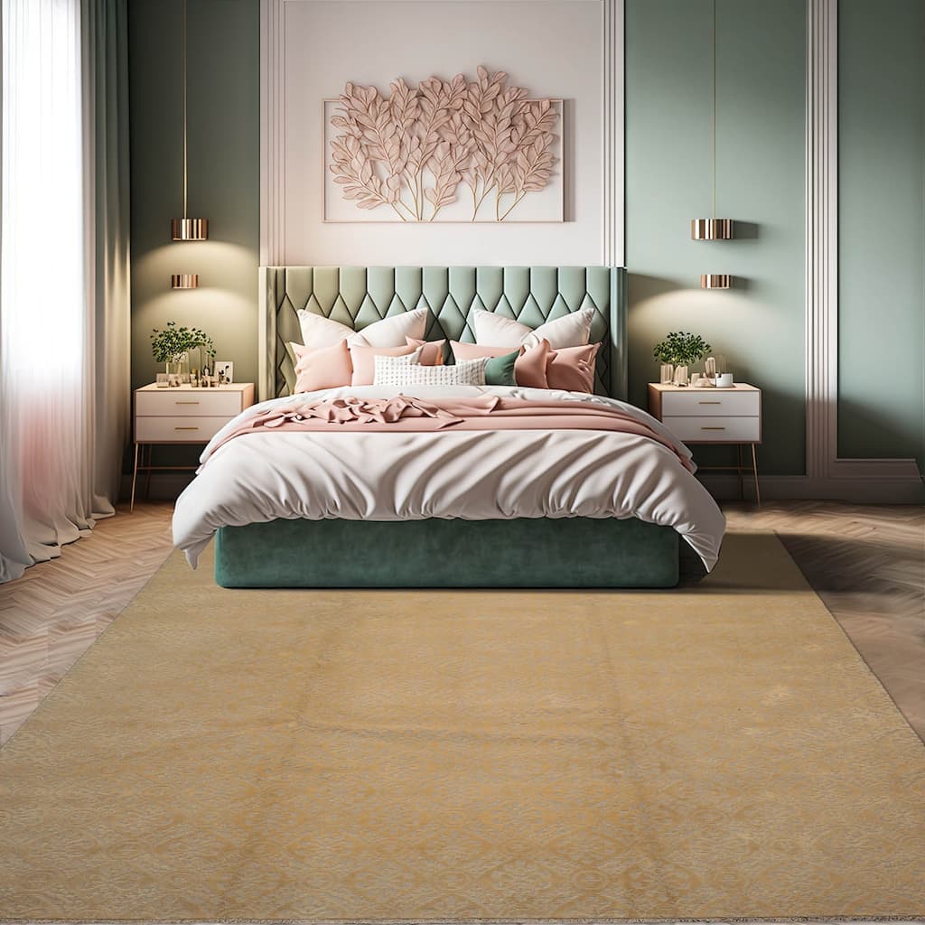 Hand KnottedGray, Gold Tibetan Wool & Silk Modern Oriental Area Rug - 9' x 12'