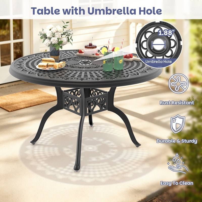 24 inch patio table with umbrella hole Amazon.com: SunnyFurn 24" Outdoor Round Bistro Table, Cast Aluminum Outdoor Cafe 2 for Porch,Backyard,Garden, Tulip Pattern, Black : Patio, Lawn & Garden such as enjoying a cup of coffee in the morning 47.24 inch Black Round Cast